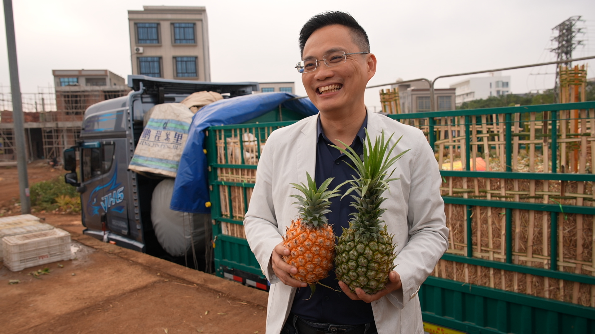 陈如约在运输菠萝的货车前介绍菠萝品种。